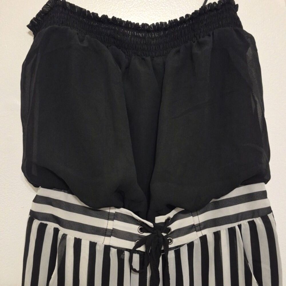 Double Zero Tube Top Pant Jumpsuit M Black White Striped Wide Leg Tie Waist - Picture 3 of 10